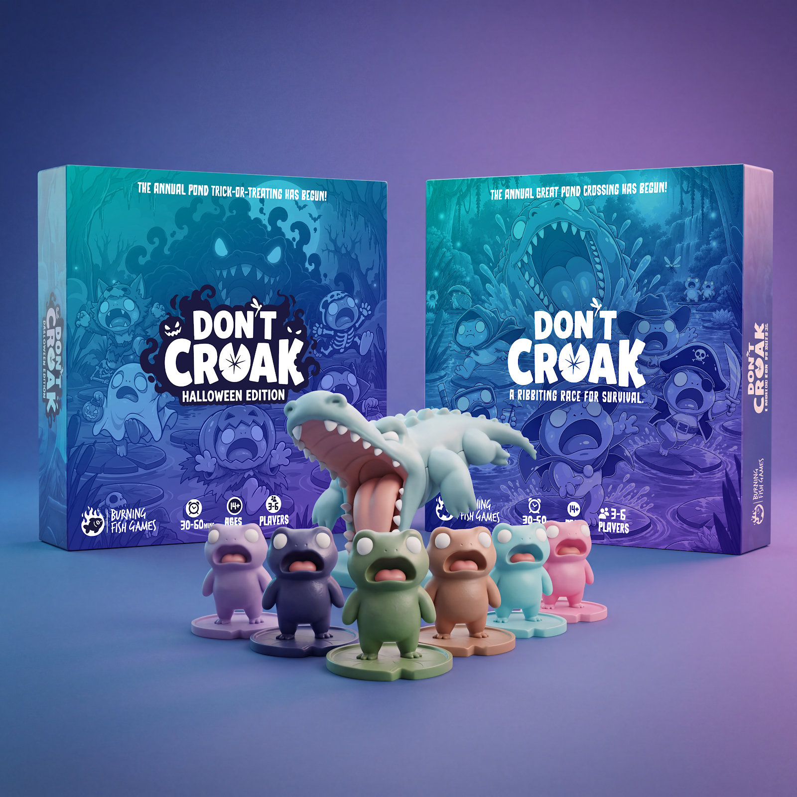 Don’t Croak Original and Halloween Edition boxes with frog and crocodile miniatures in a forest pond with dragonflies