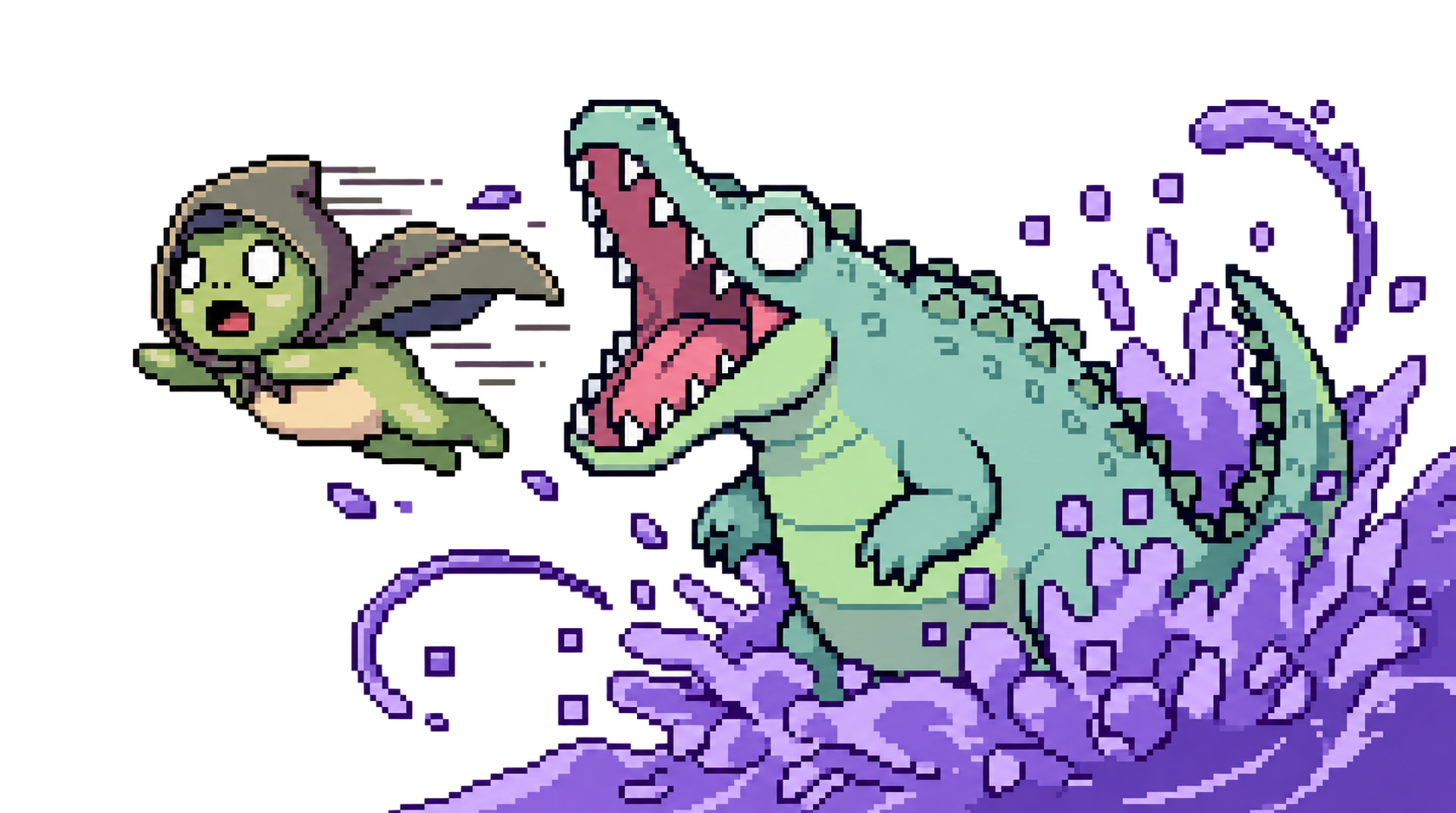 A caped pixel-art frog leaps away from a snapping crocodile in a purple splash.